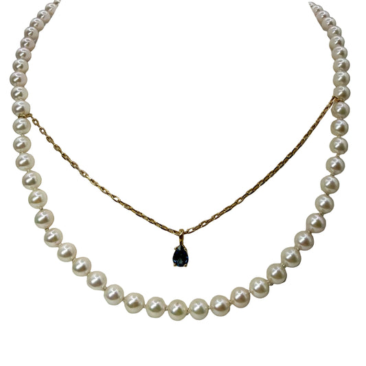 14kt Yellow Gold AAA Akoya Pearl Strand with Blue Sapphire Suspended Pendant 