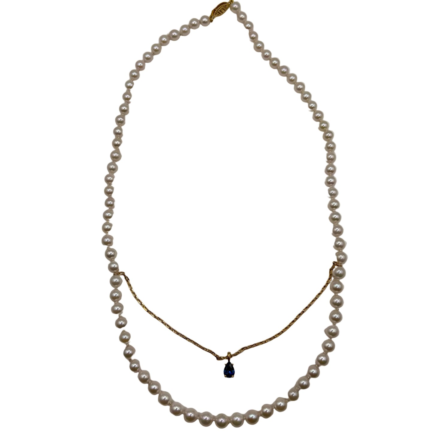 14kt Yellow Gold AAA Akoya Pearl Strand with Blue Sapphire Suspended Pendant 