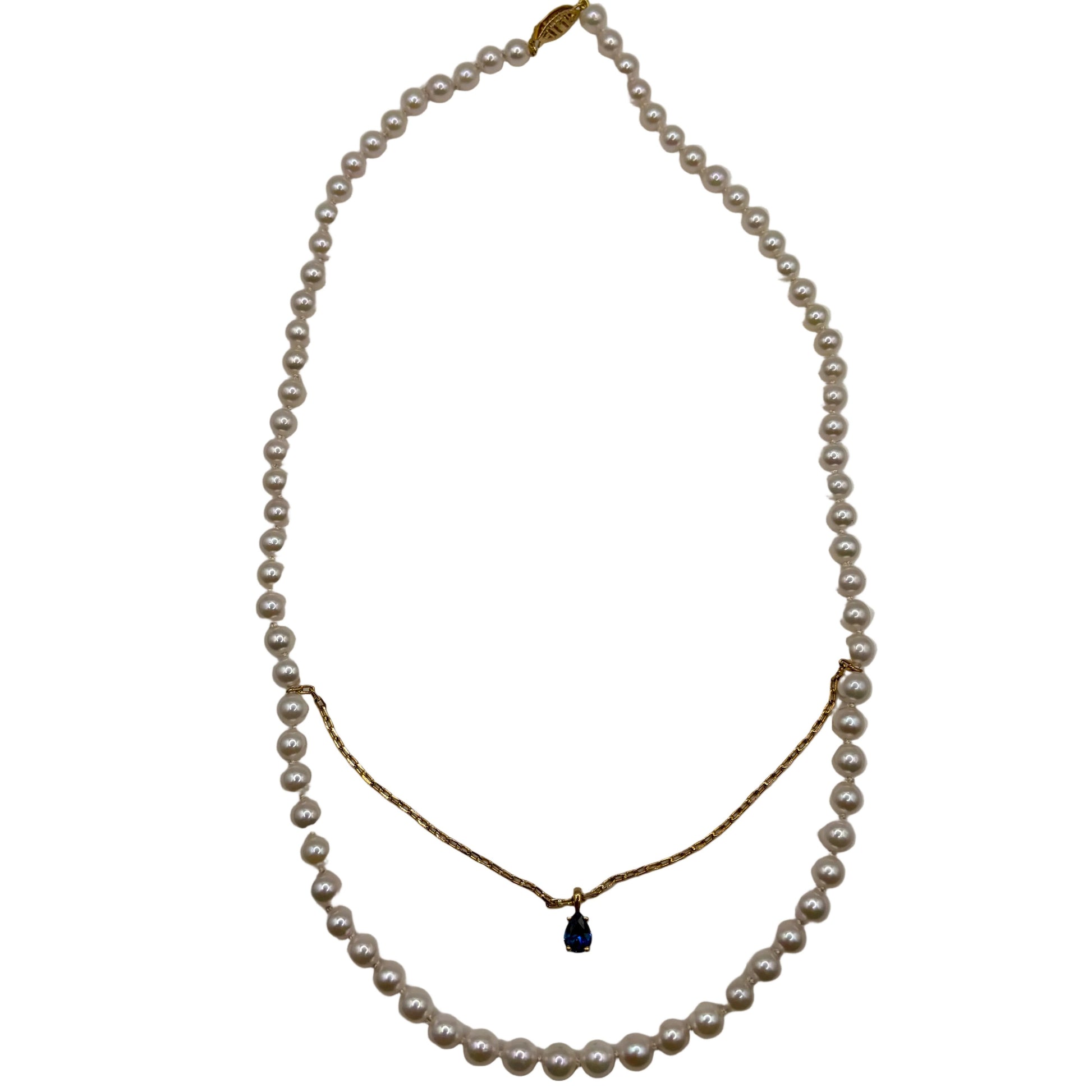 14kt Yellow Gold AAA Akoya Pearl Strand with Blue Sapphire Suspended Pendant 