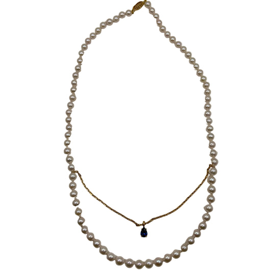 14kt Yellow Gold AAA Akoya Pearl Strand with Blue Sapphire Suspended Pendant 