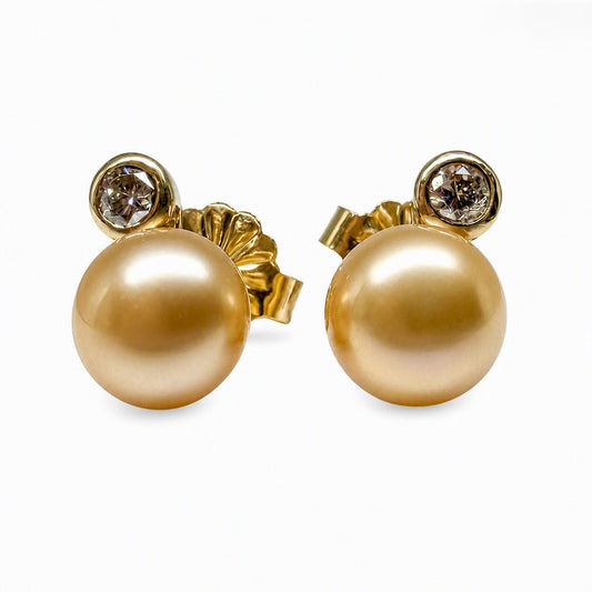 14K Yellow Gold Pearl and Diamond Studs