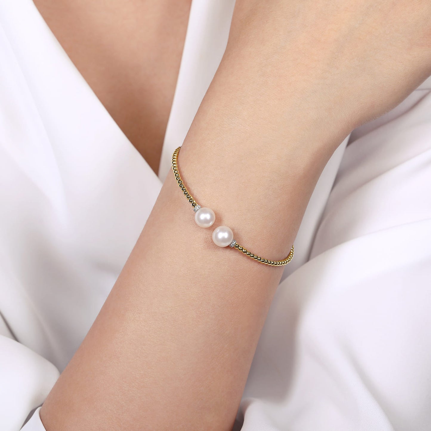 Yellow Gold Bujukan Diamond and Pearl Split Bangle