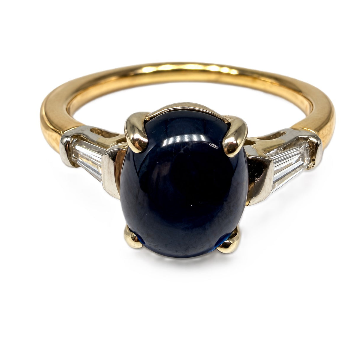 Cabochon Blue Sapphire & Baguette Diamond Ring Platinum & 14K Yellow Gold