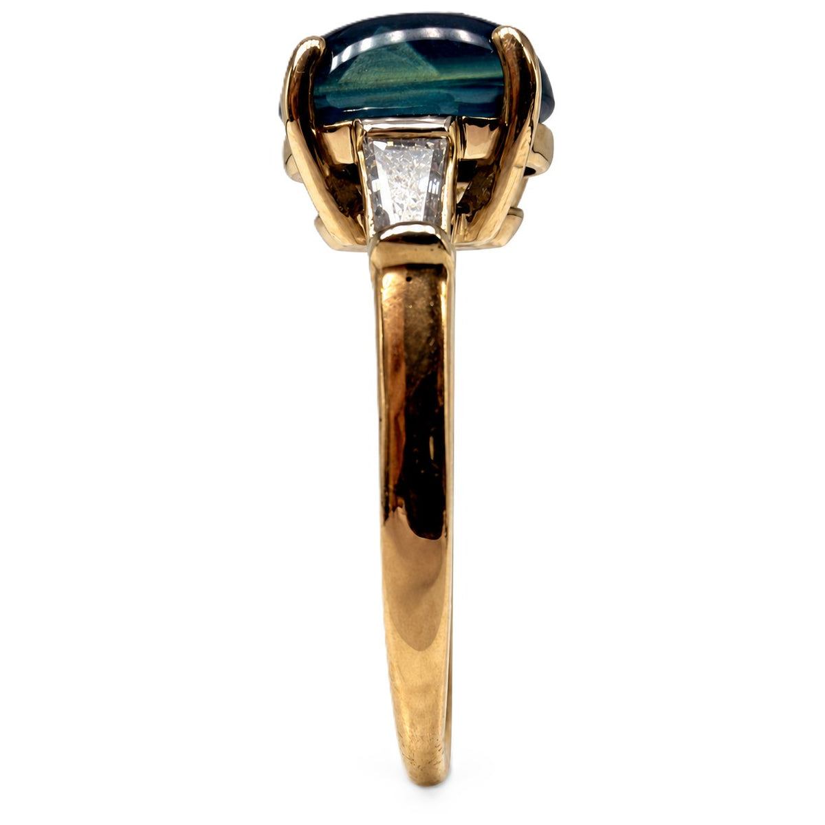 Cabochon Blue Sapphire & Baguette Diamond Ring Platinum & 14K Yellow Gold