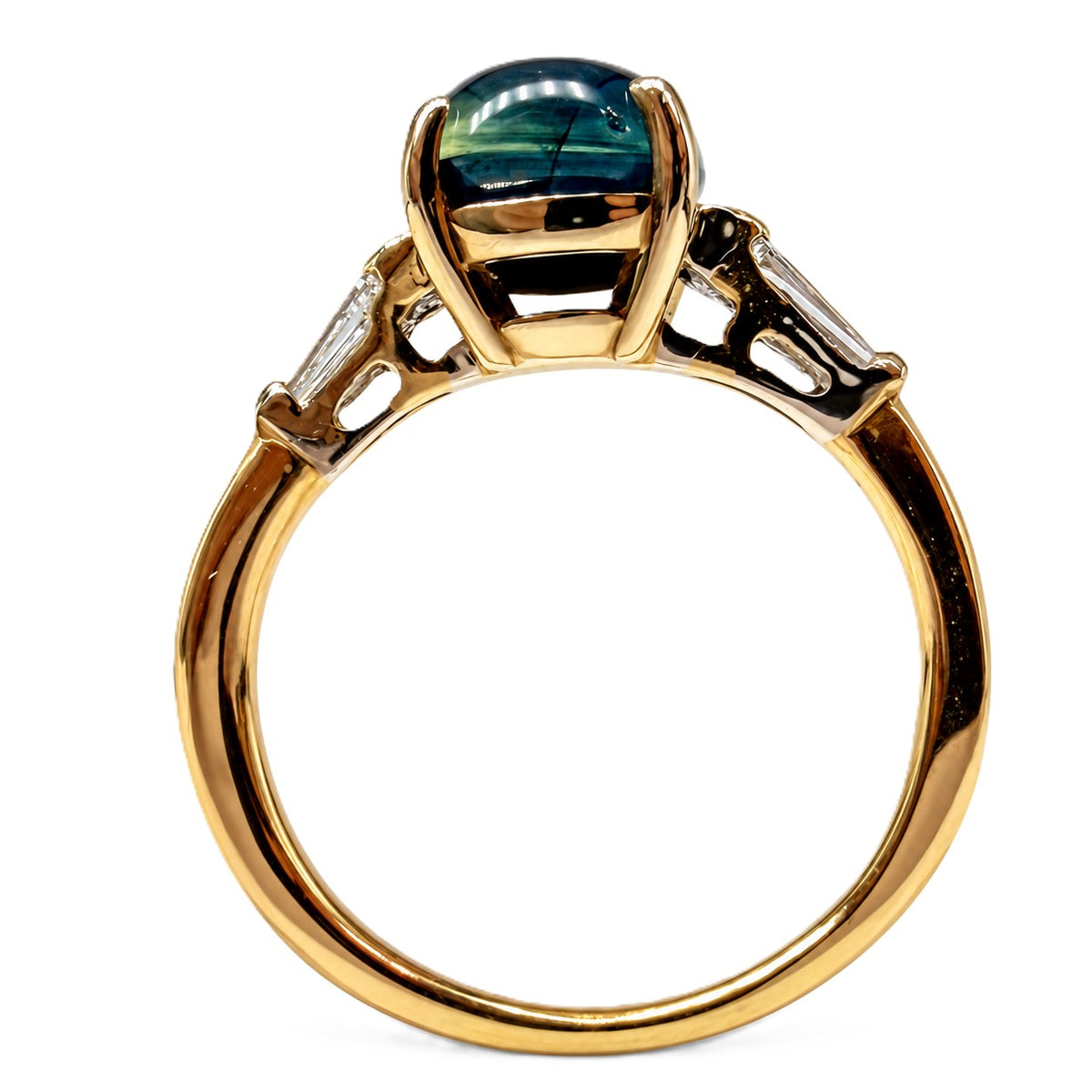 Cabochon Blue Sapphire & Baguette Diamond Ring Platinum & 14K Yellow Gold
