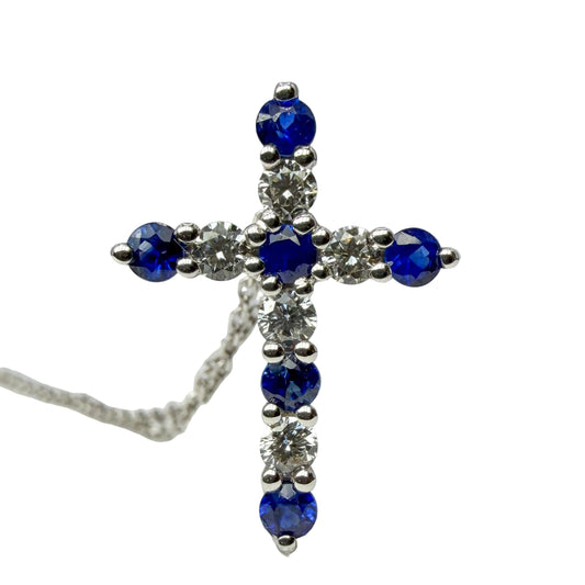 14kt White Gold Sapphire and Diamond and Cross Necklace 
