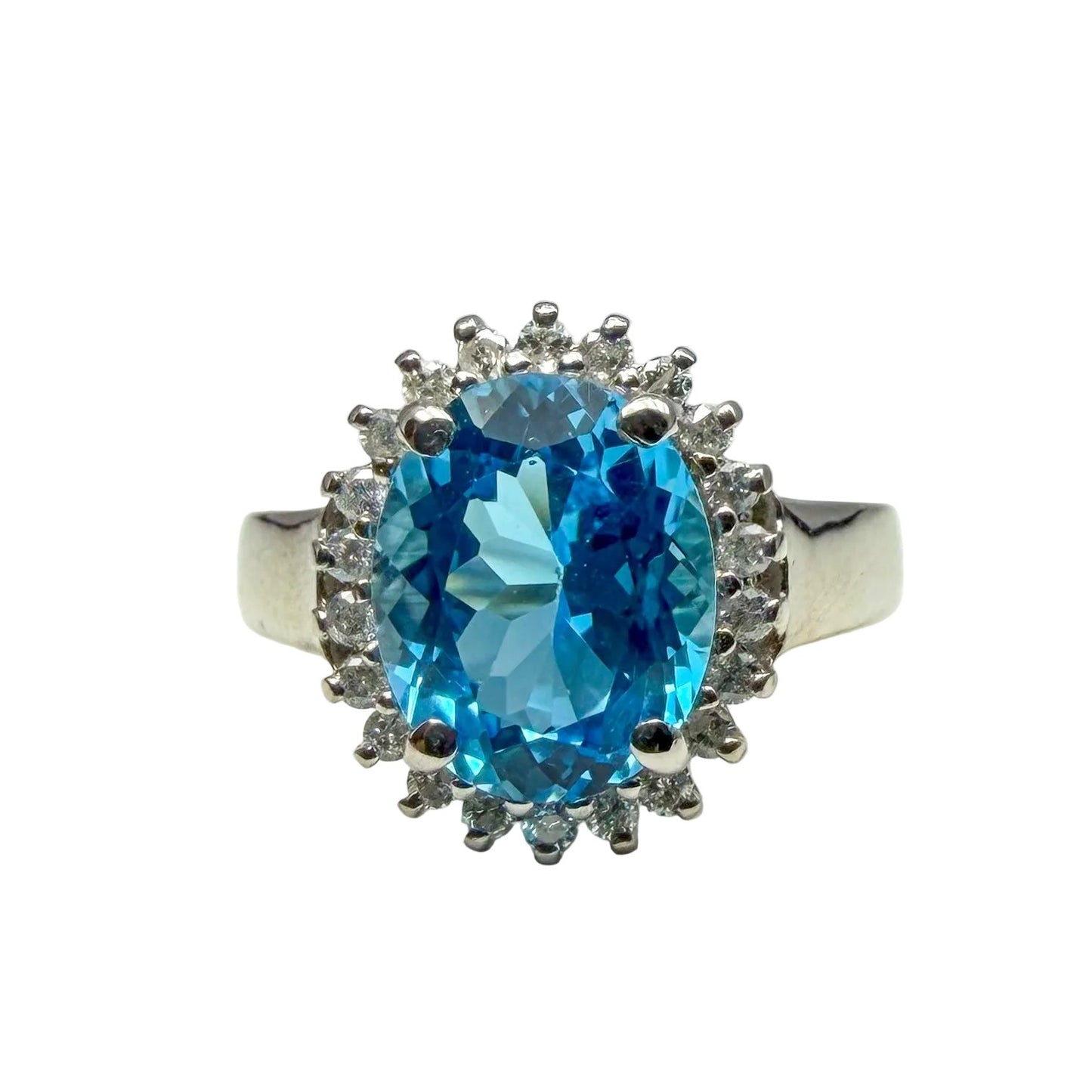 14kt White Gold Blue Topaz Ring with Diamond Halo 