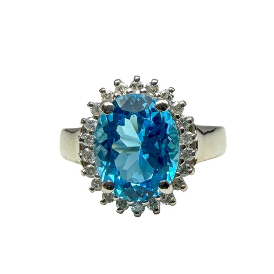 14kt White Gold Blue Topaz Ring with Diamond Halo 