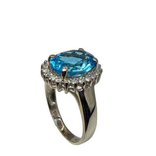14kt White Gold Blue Topaz Ring with Diamond Halo 