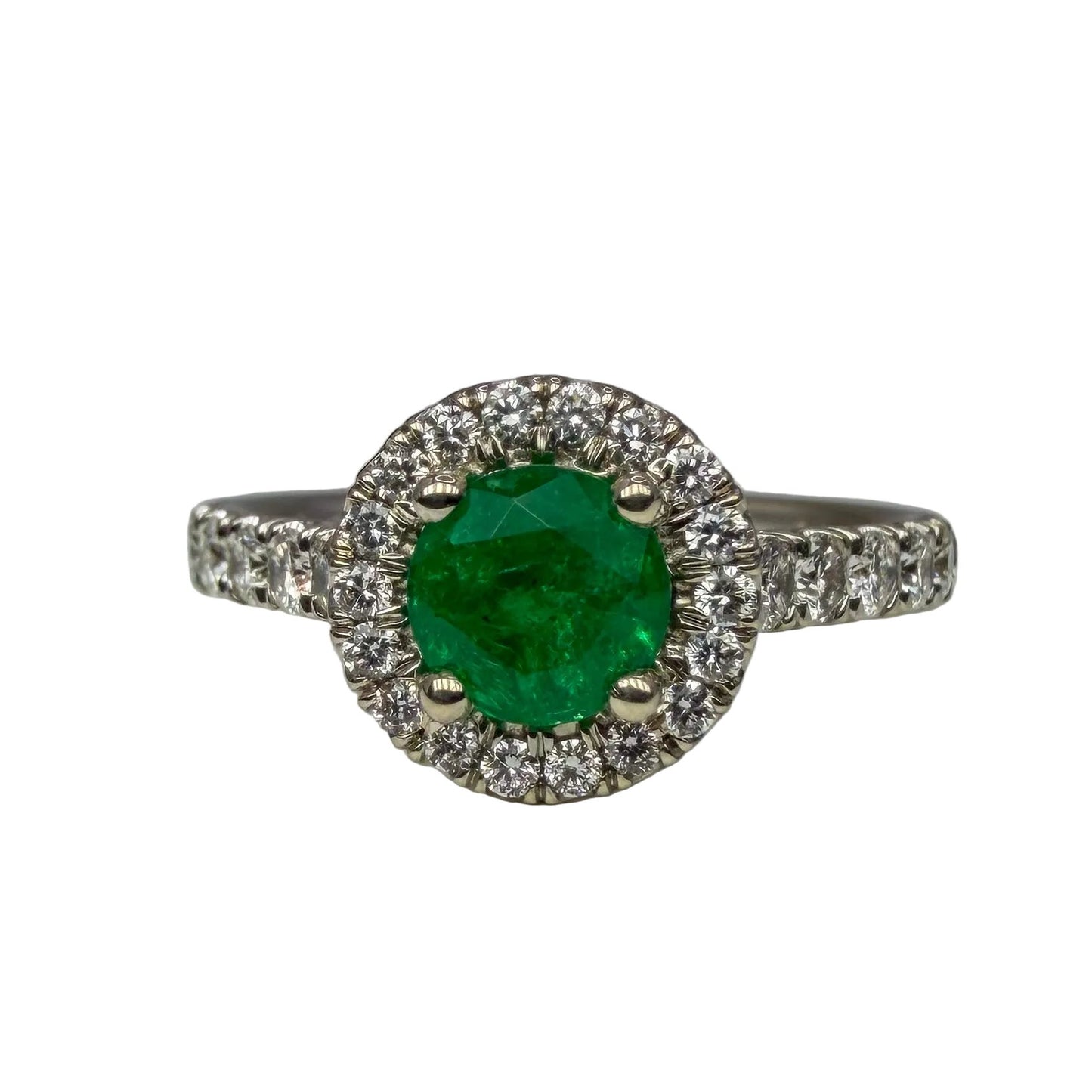 14kt White Gold Emerald Ring with Diamond Halo