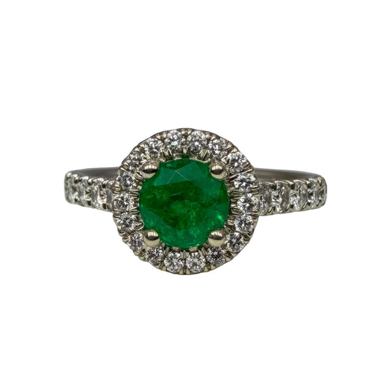 14kt White Gold Emerald Ring with Diamond Halo