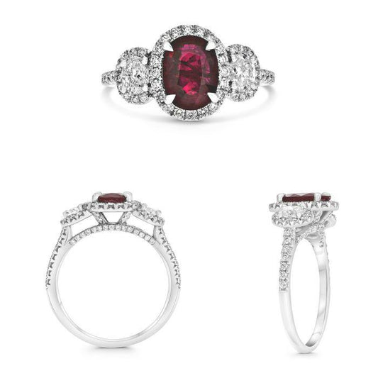 Platinum Ruby and Diamond Halo Three Stone Ring