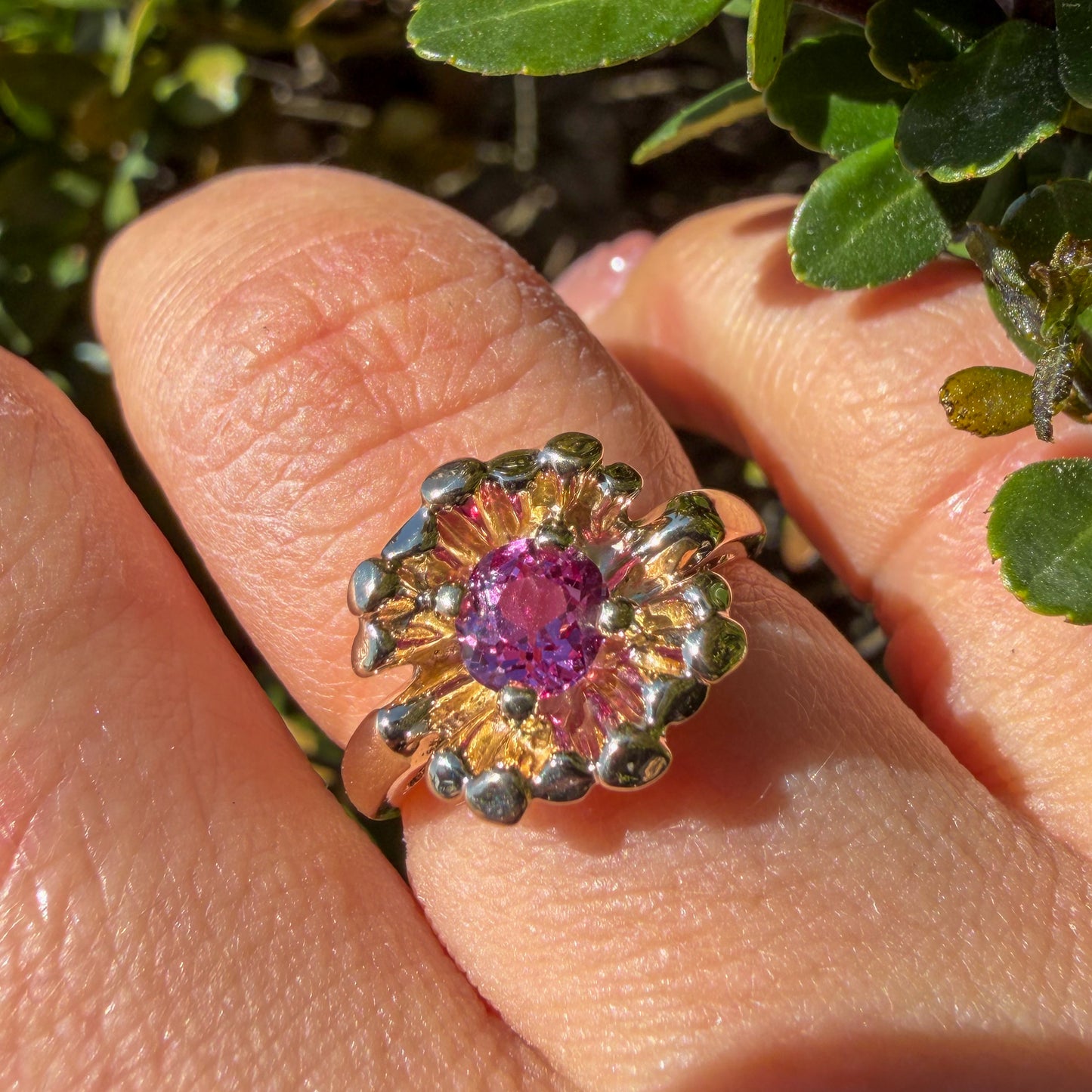14kt Yellow Gold Pink Sapphire Flower Ring