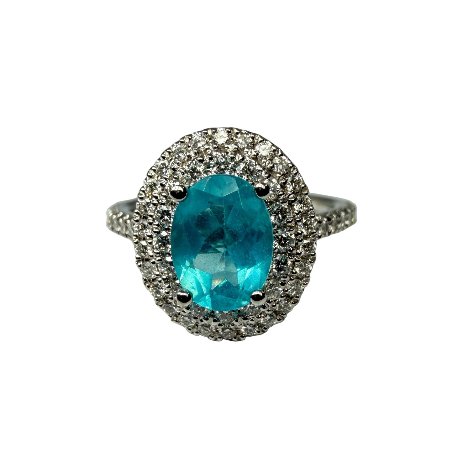 Double Halo Apatite and Diamond Ring