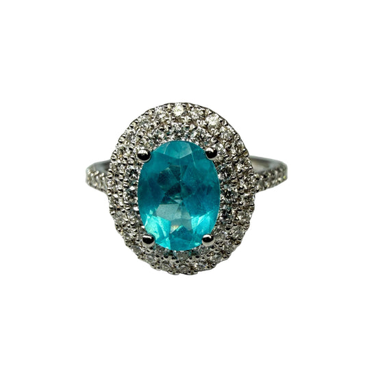 Double Halo Apatite and Diamond Ring