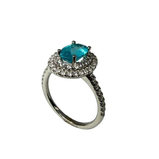 Double Halo Apatite and Diamond Ring