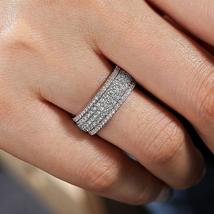 14K White-Rose Gold Pave Diamond Wide Band Ring