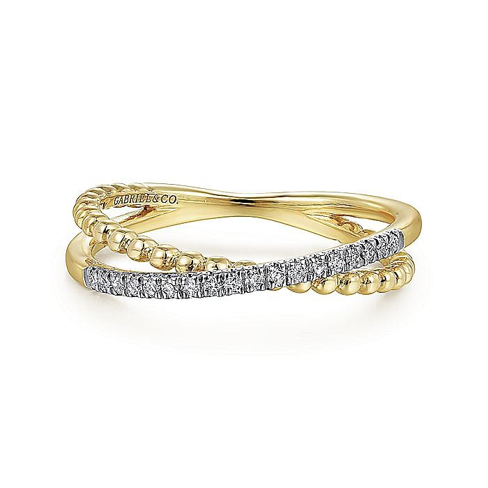 14K Yellow Gold Bujukan Pave Diamond Criss Cross Stackable Ring