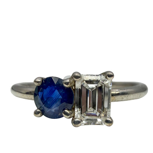 14kt white gold emerald cut diamond and round blue sapphire ring