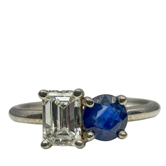 14kt white gold emerald cut diamond and round blue sapphire ring