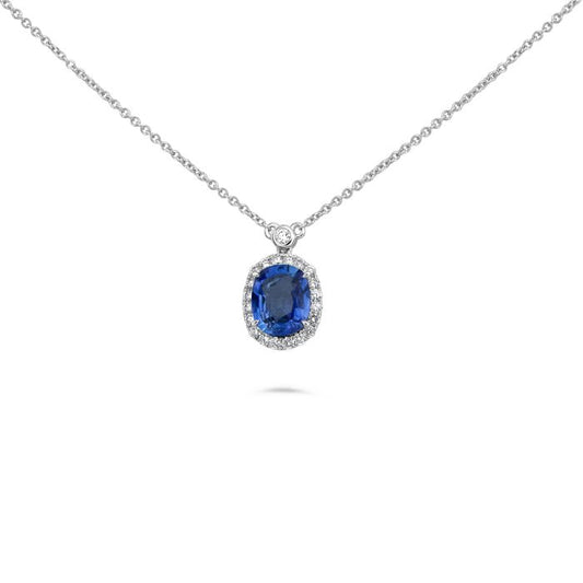 14k White Gold Sapphire and Diamond Halo Pendant