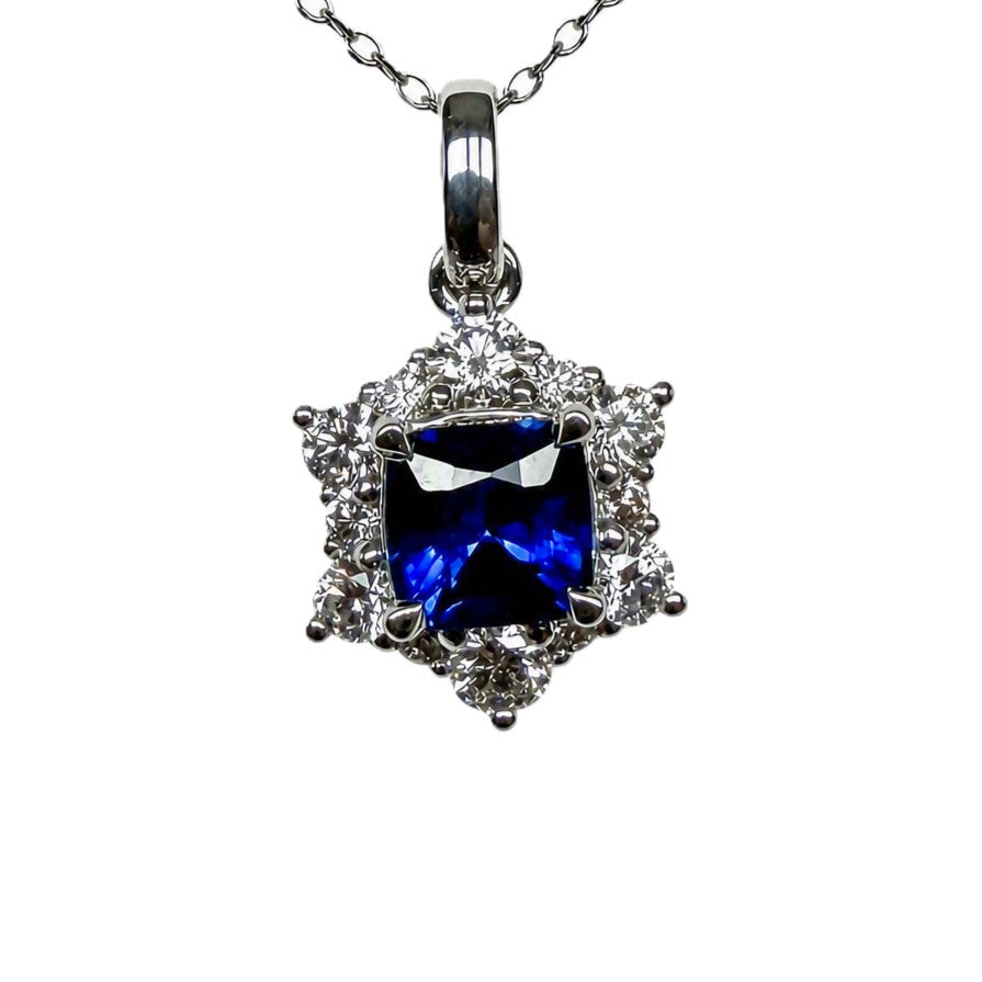 White Gold Sapphire and Diamond Halo Necklace