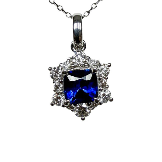 White Gold Sapphire and Diamond Halo Necklace