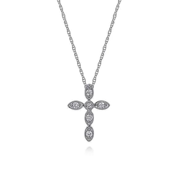 14K White Gold Marquise Shaped Diamond Cross Necklace