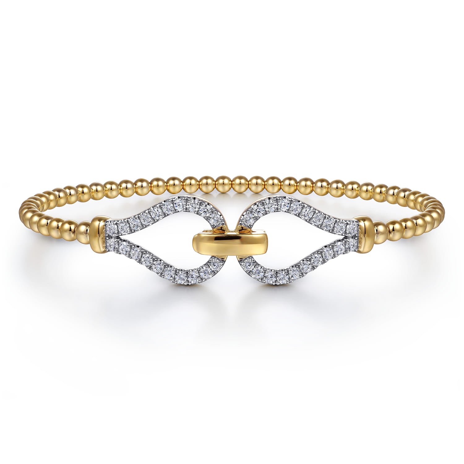 Yellow Gold Bujukan Beaded Diamond Closed Stirrup Bangle Bracelet