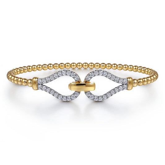 Yellow Gold Bujukan Beaded Diamond Closed Stirrup Bangle Bracelet