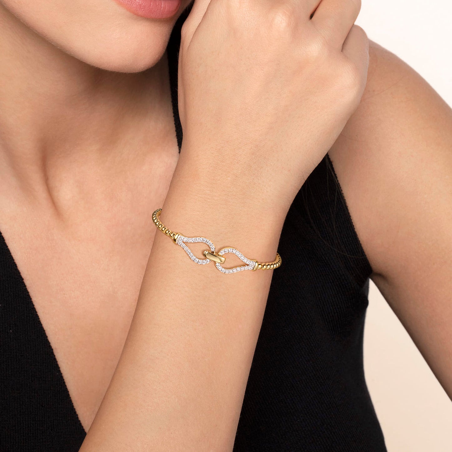 Yellow Gold Bujukan Beaded Diamond Closed Stirrup Bangle Bracelet