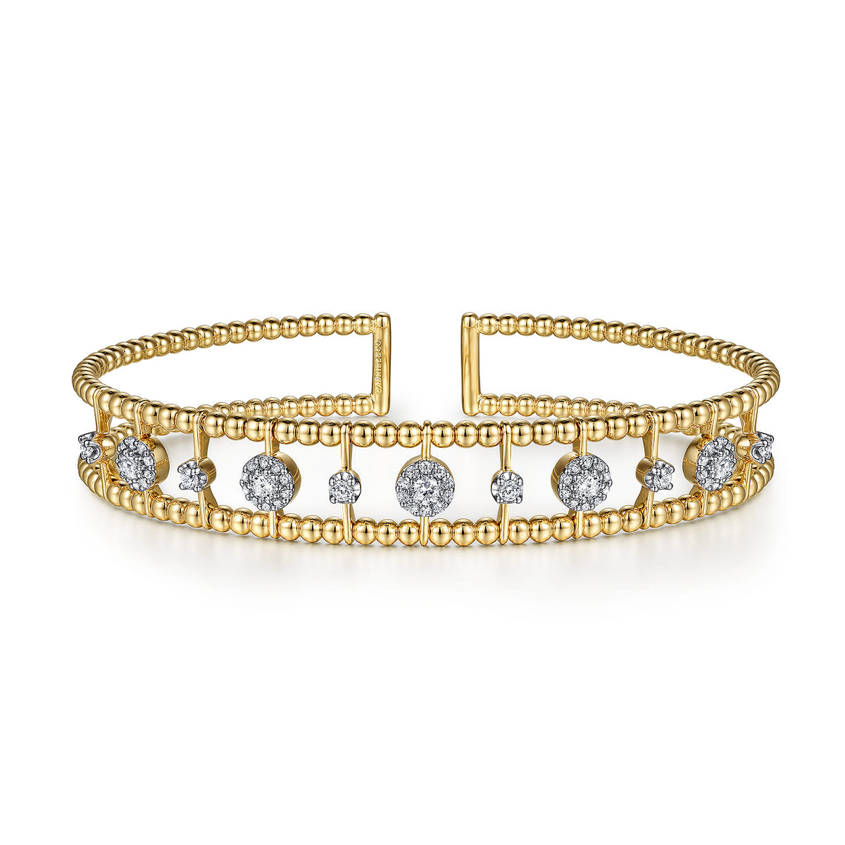 Yellow Gold Bujukan Bead Cuff Bracelet with Diamond Cluster and Bezel Connectors