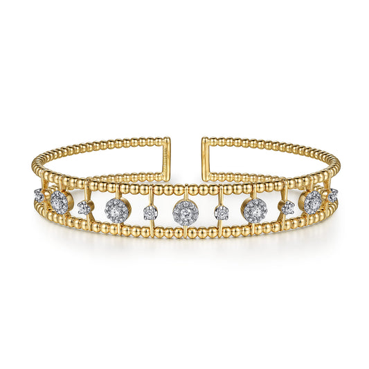 Yellow Gold Bujukan Bead Cuff Bracelet with Diamond Cluster and Bezel Connectors