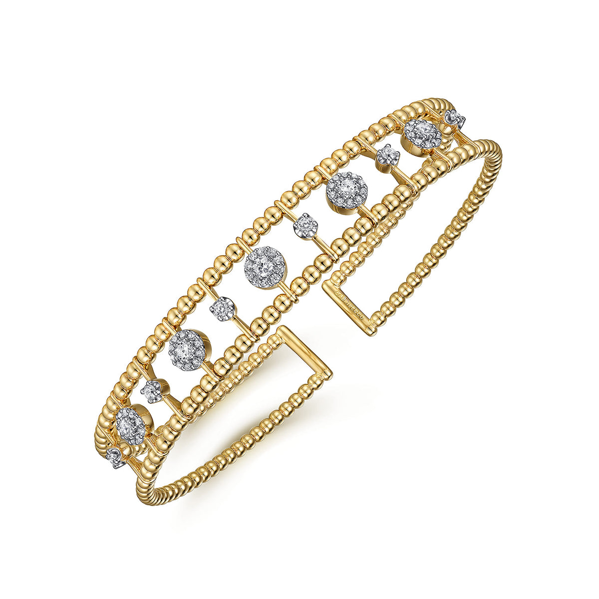 Yellow Gold Bujukan Bead Cuff Bracelet with Diamond Cluster and Bezel Connectors
