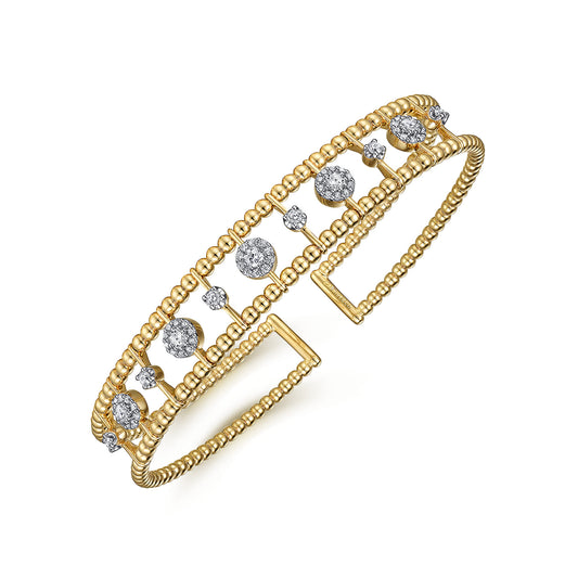 Yellow Gold Bujukan Bead Cuff Bracelet with Diamond Cluster and Bezel Connectors