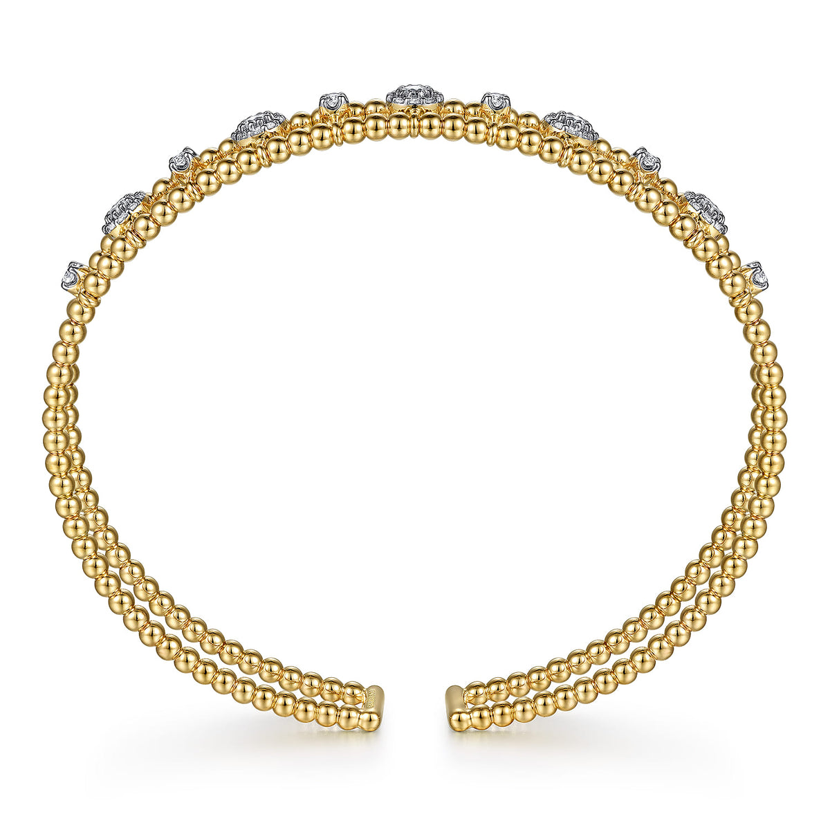 Yellow Gold Bujukan Bead Cuff Bracelet with Diamond Cluster and Bezel Connectors