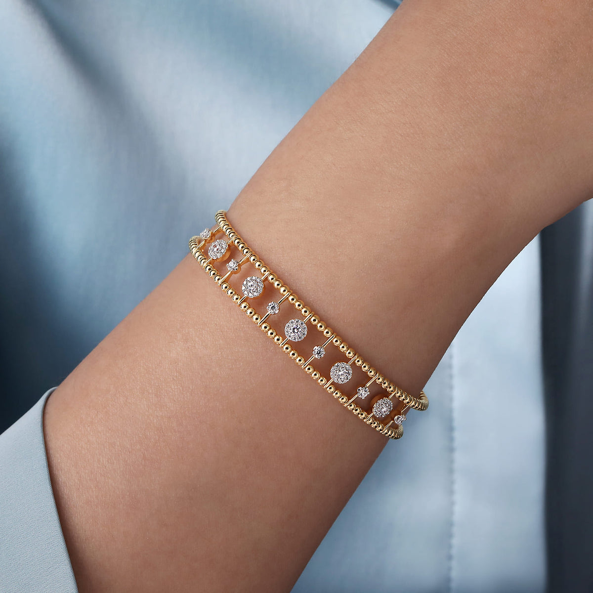 Yellow Gold Bujukan Bead Cuff Bracelet with Diamond Cluster and Bezel Connectors