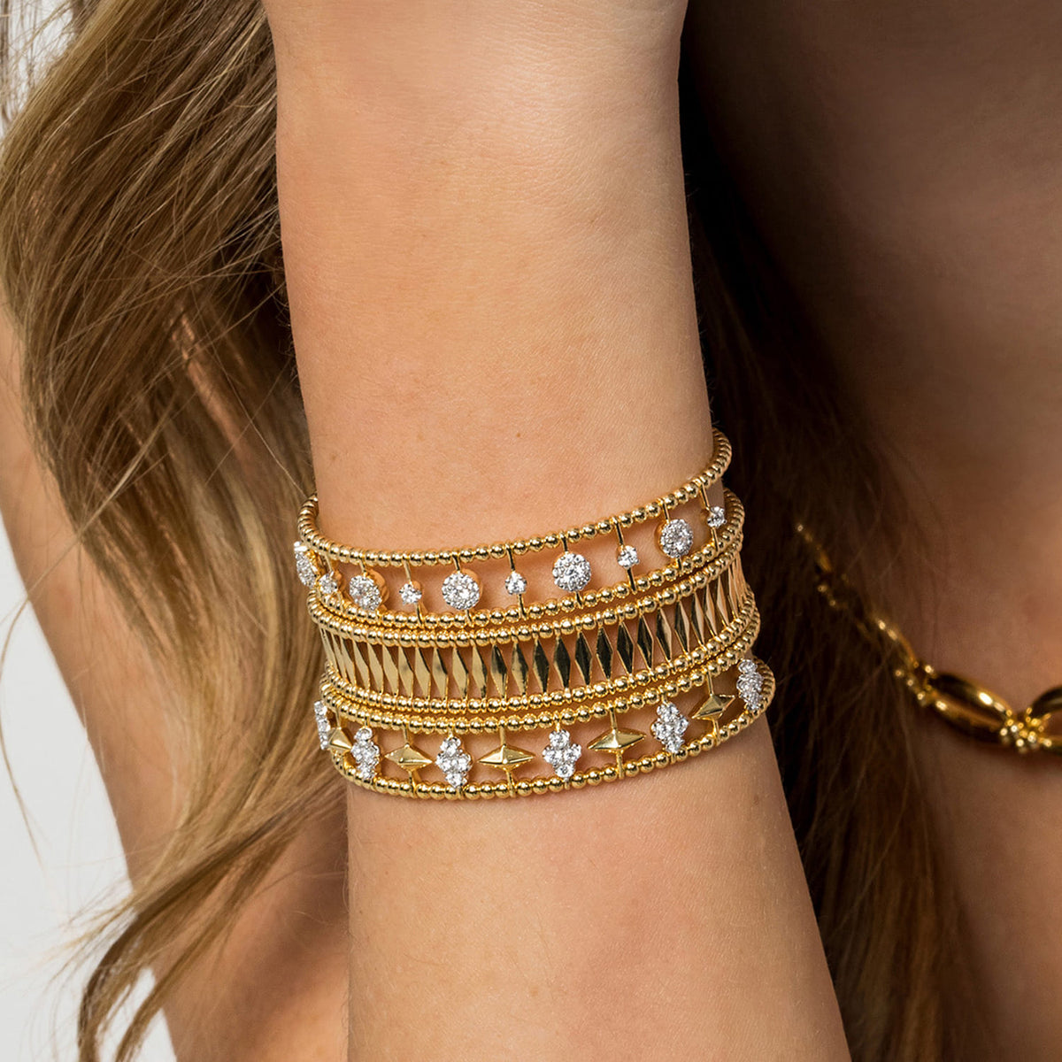 Yellow Gold Bujukan Bead Cuff Bracelet with Diamond Cluster and Bezel Connectors
