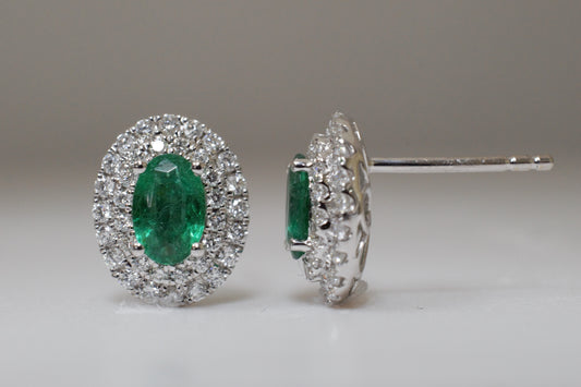 Double Halo Emerald Stud Earrings