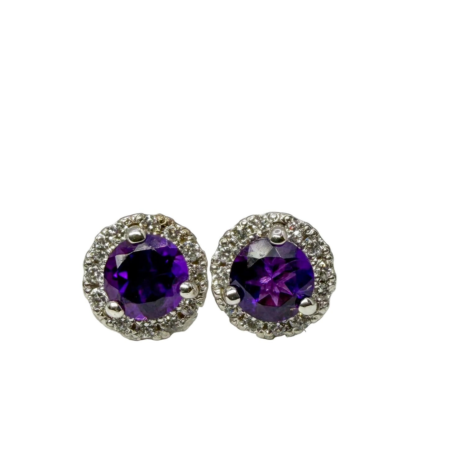 14kt White Gold Amethyst and Diamond Halo Studs 
