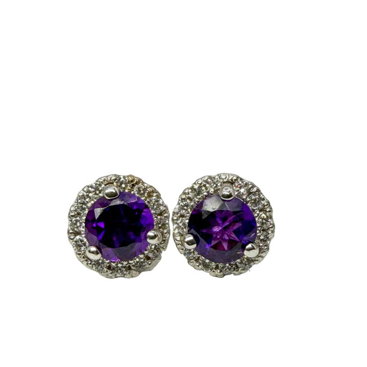 14kt White Gold Amethyst and Diamond Halo Studs 