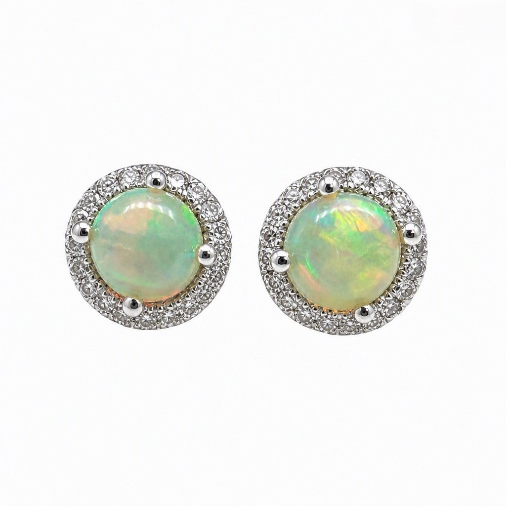 14K White Gold Opal & Diamond Halo Stud Earrings