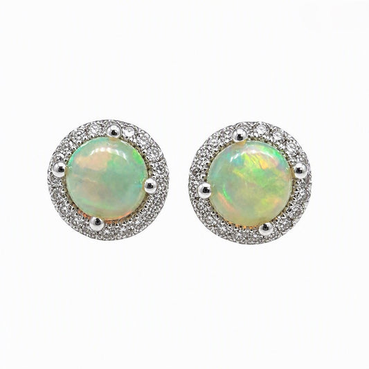 14K White Gold Opal & Diamond Halo Stud Earrings