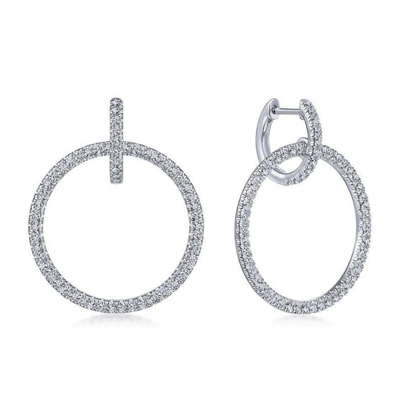 14K White Gold Round Linked Pave 30mm Diamond Huggie Drop Earrings