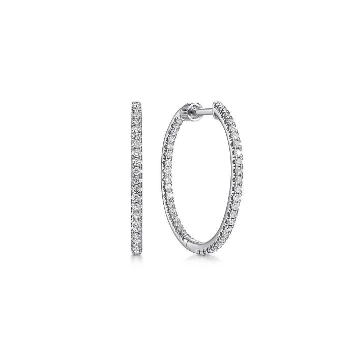 14K White Gold French Pave 20mm Round Inside Out Diamond Hoop Earrings
