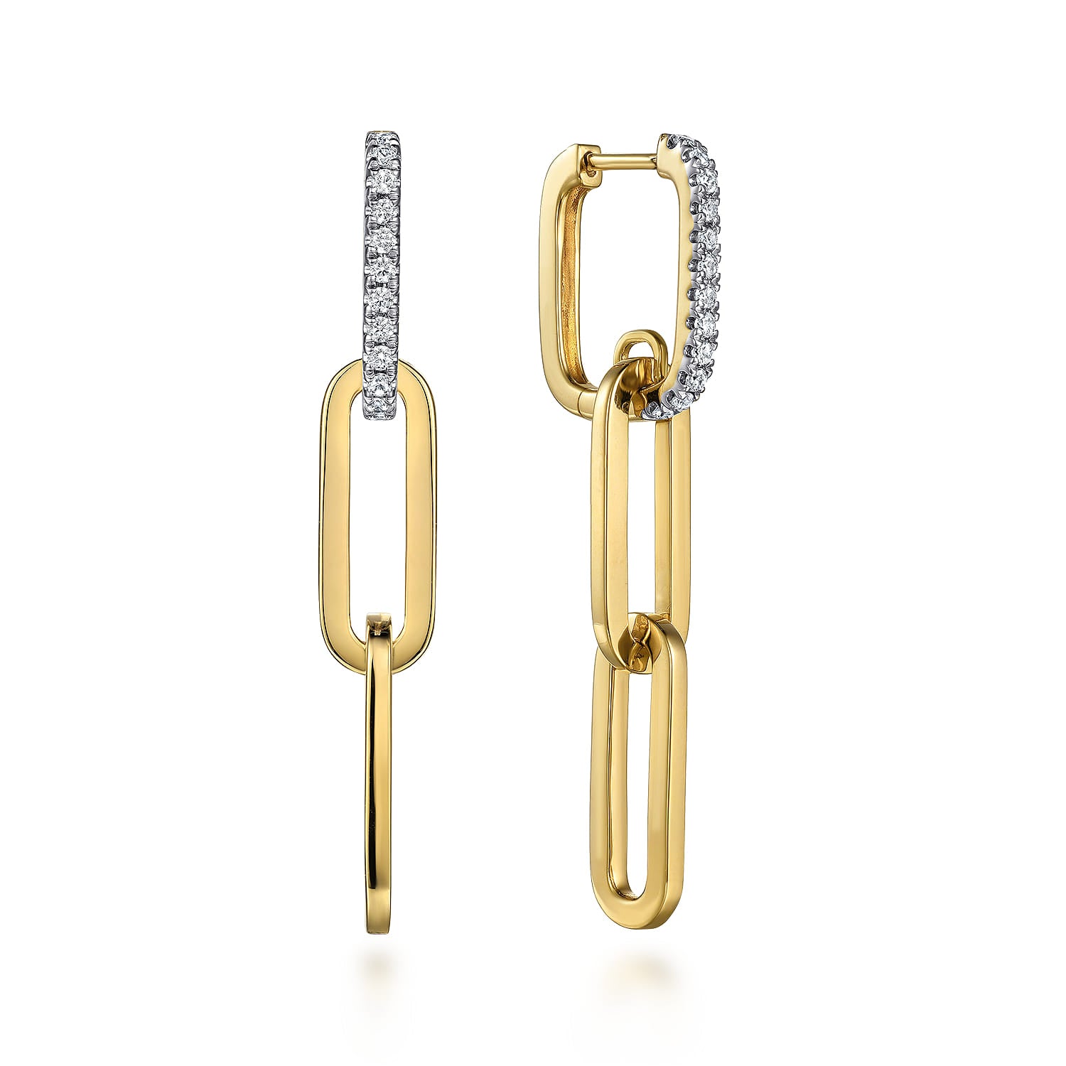 Yellow Gold Diamond Link Hollow Chain Drop Earrings