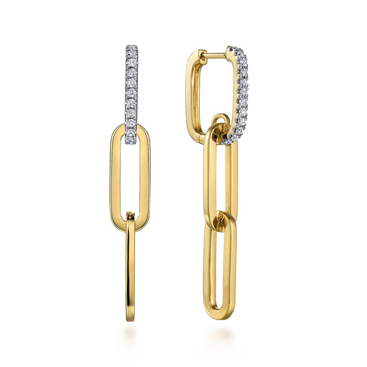 Yellow Gold Diamond Link Hollow Chain Drop Earrings