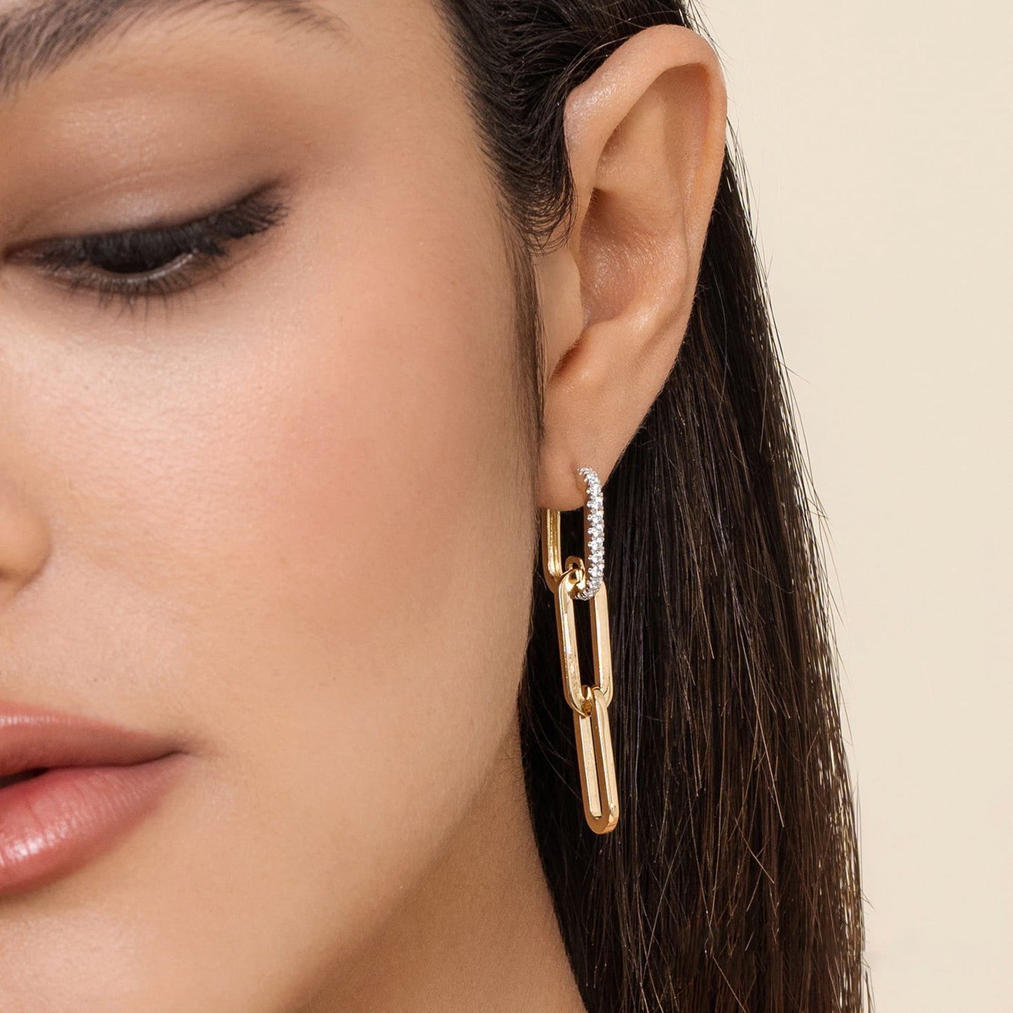 Yellow Gold Diamond Link Hollow Chain Drop Earrings