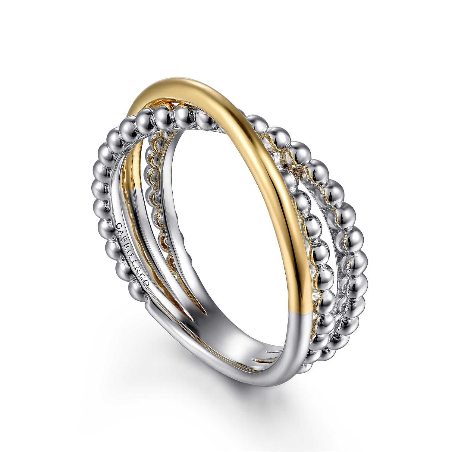 Wide Band Criss Cross Ring 14K Yellow Gold and 925 Sterling Silver