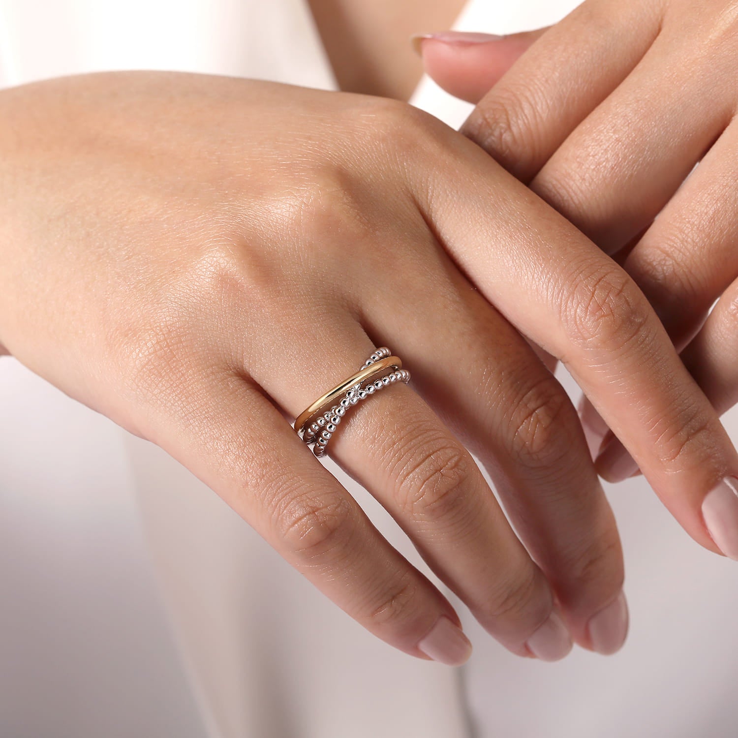 Wide Band Criss Cross Ring 14K Yellow Gold and 925 Sterling Silver